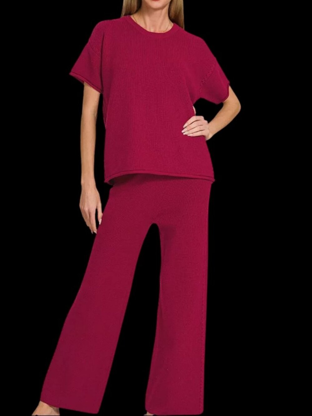 Zenana Viscose Round Neck Top & Pants Set - Cabernet